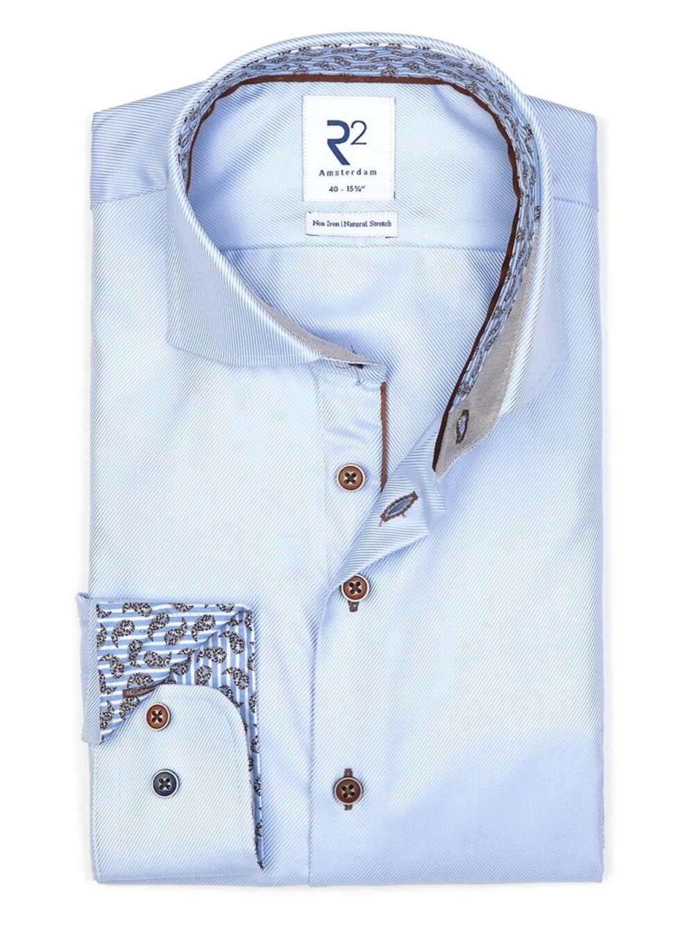 R2 Amsterdam Light Blue Twill Long Sleeve Button Up Shirt with Paisley Print Con